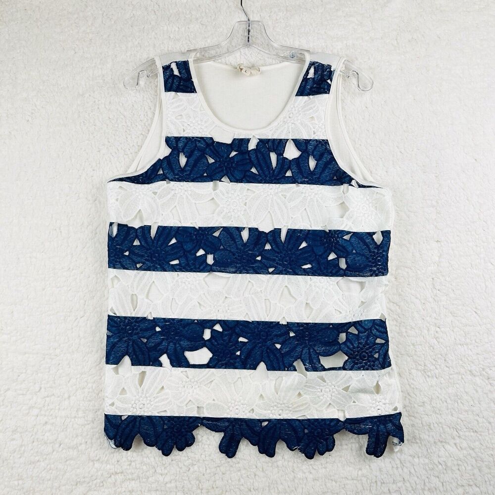 SW New York Tank Top Womens Large L Blue White Striped Floral Sleeveless